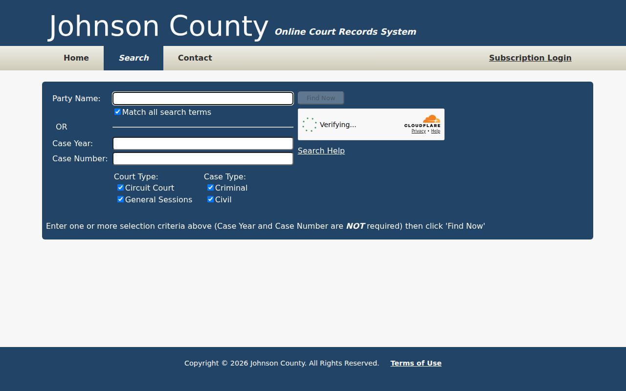 Johnson County case search form with party and court filters