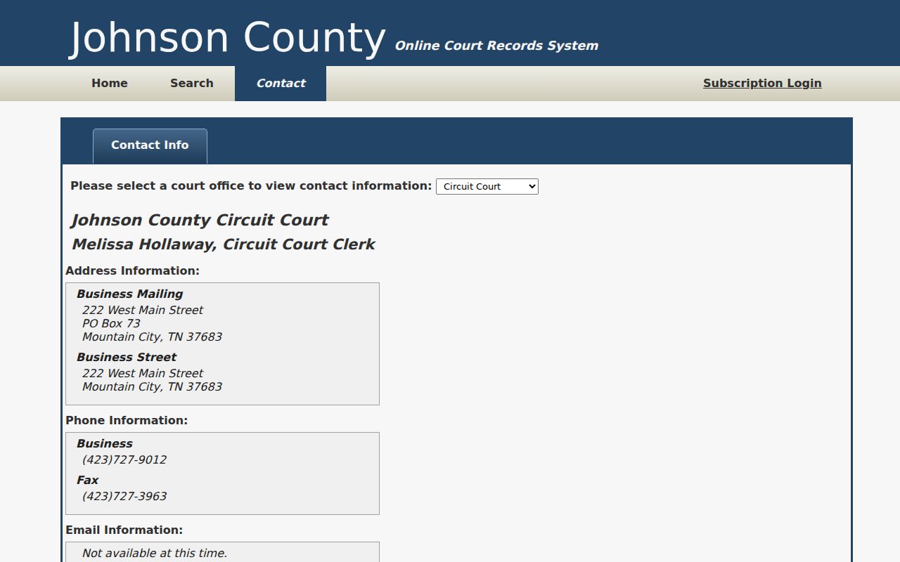 Johnson County portal contact selector for Circuit and General Sessions