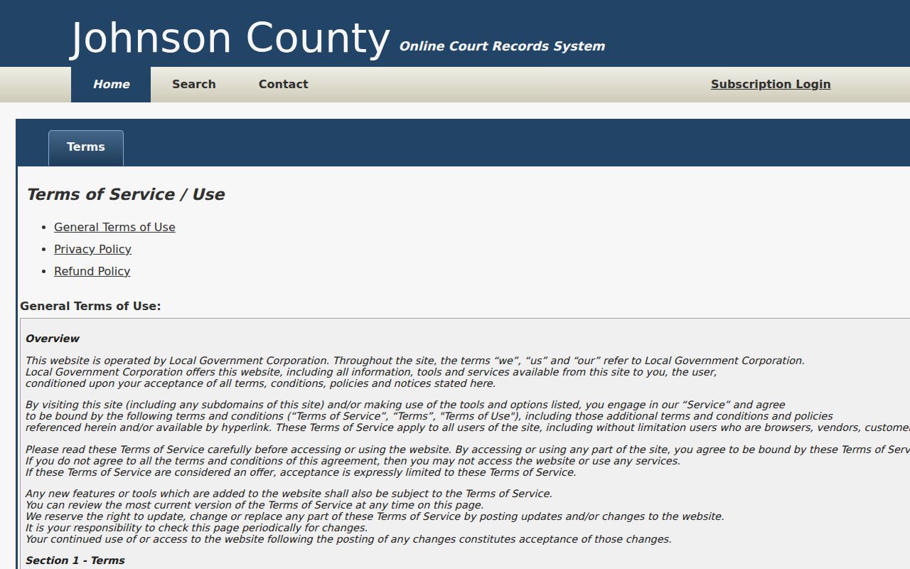 Johnson County court portal terms and accuracy notice
