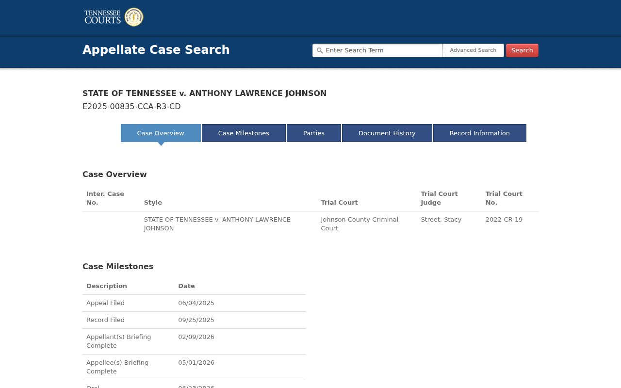 Johnson County criminal appeal Case History fields